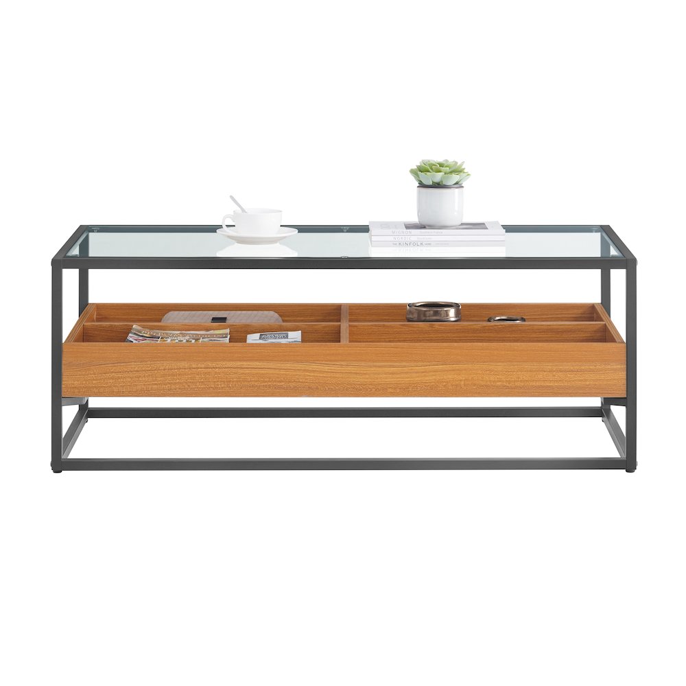 Saarinen 2-Level Glass Display Shelf Rectangle Low Coffee Table - Golden Oak. Picture 10