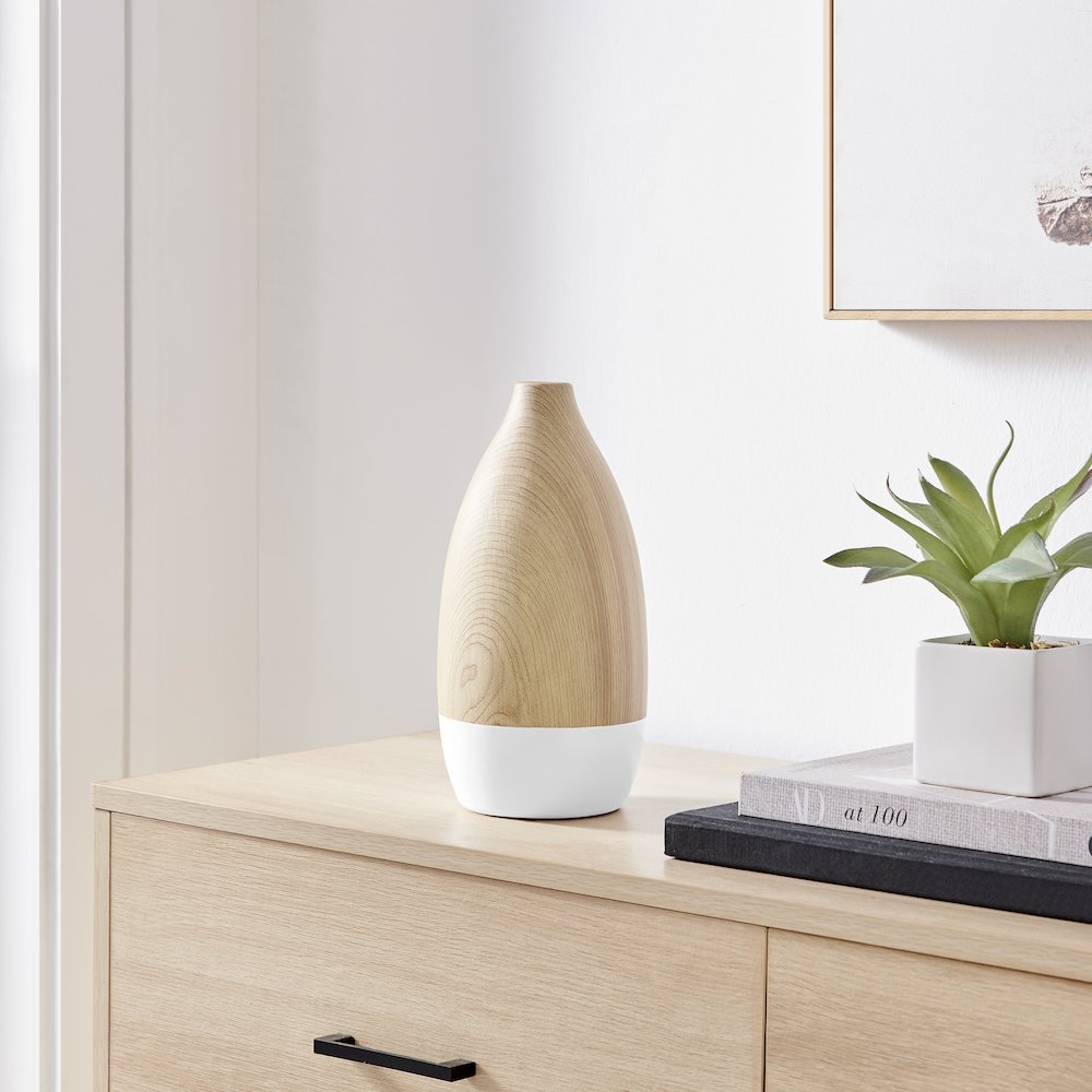 Nora Flask Teardrop Contemporary Two Tone Tabletop Vase - White and Beech. Picture 3