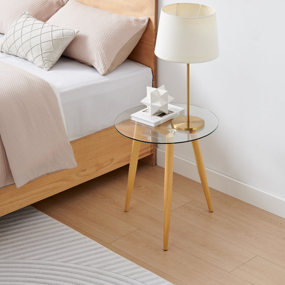 Van Beuren Side Table Modern Metal Taper Legs and Clear Glass Tabletop - Beech. Picture 5