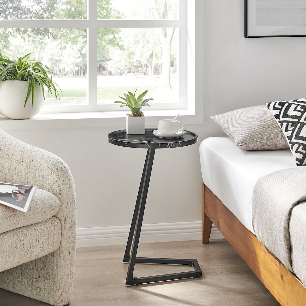 Addison Round Raised Lip Angled Couch-Side Accent C-Table - Black Marble/Black. Picture 3