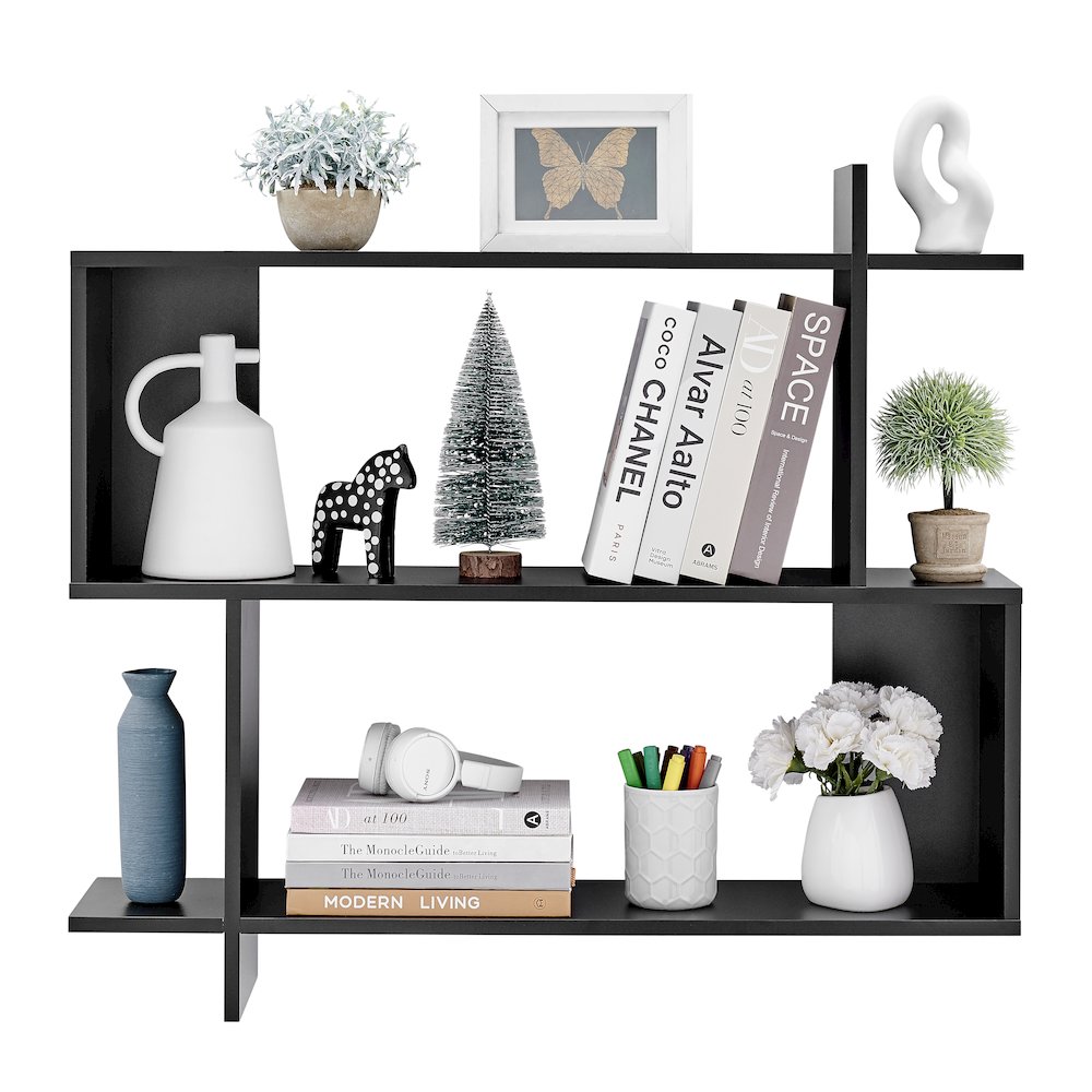 Manasa Floating Geometric Kilter Two-Tier Wall Shelf - Black. Picture 6