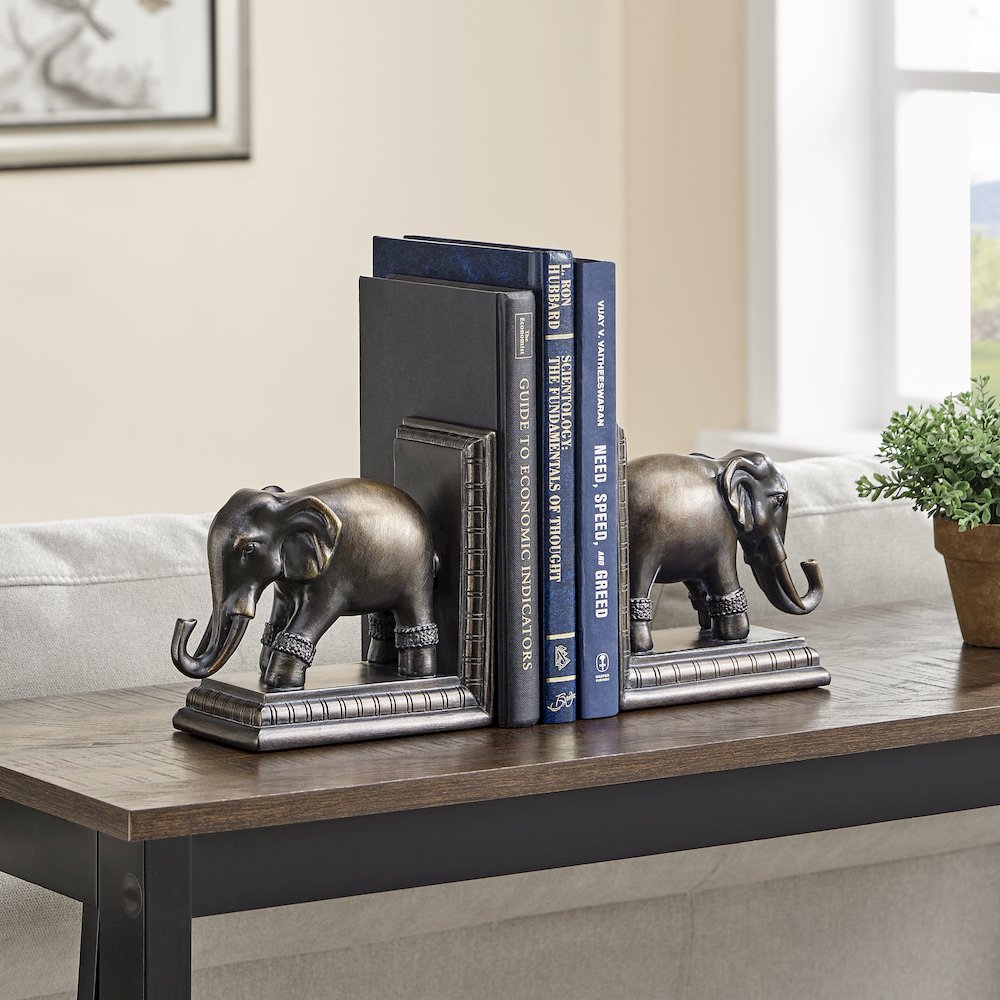 Ornate Elephants Polyresin Bronze Patina Finish Bookend Set of 2. Picture 3