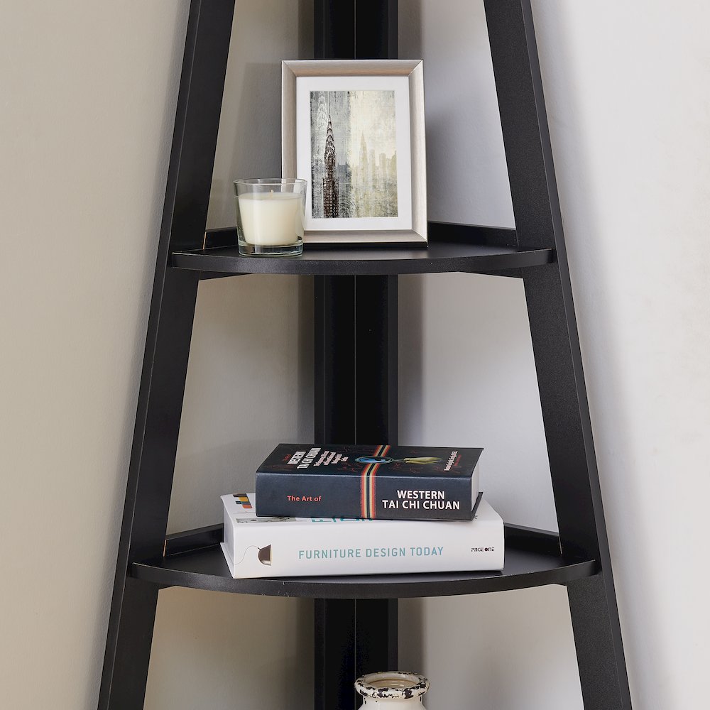 Decorative Free-Standing 5-Tier Pyramid Corner Ladder Shelves – Black. Picture 3