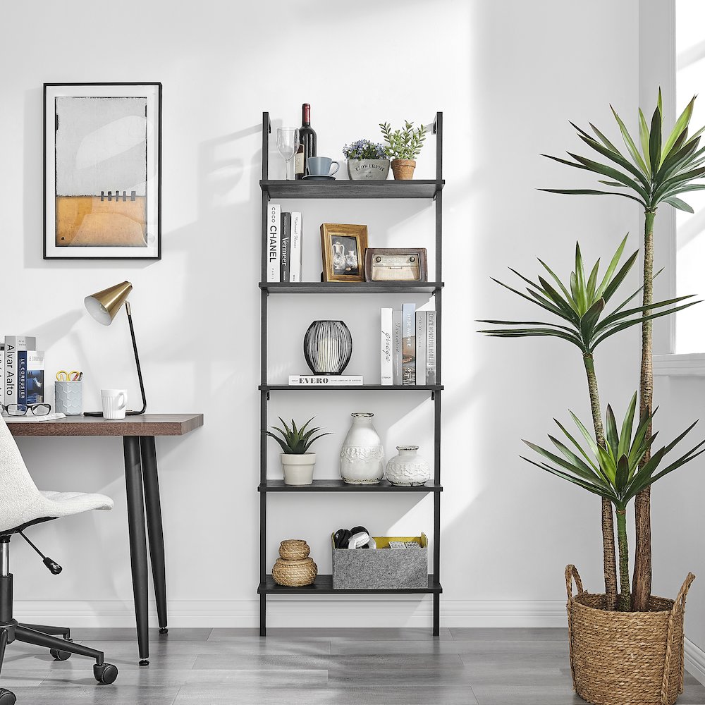 Everett 5-Tier Open Display Wall Mount Metal Frame Ladder Shelf - Black/Black. Picture 2