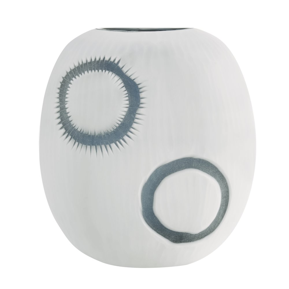 Elara Matte White and Navy Oval Opening Tabletop Glass Vase - Round Small. Picture 1