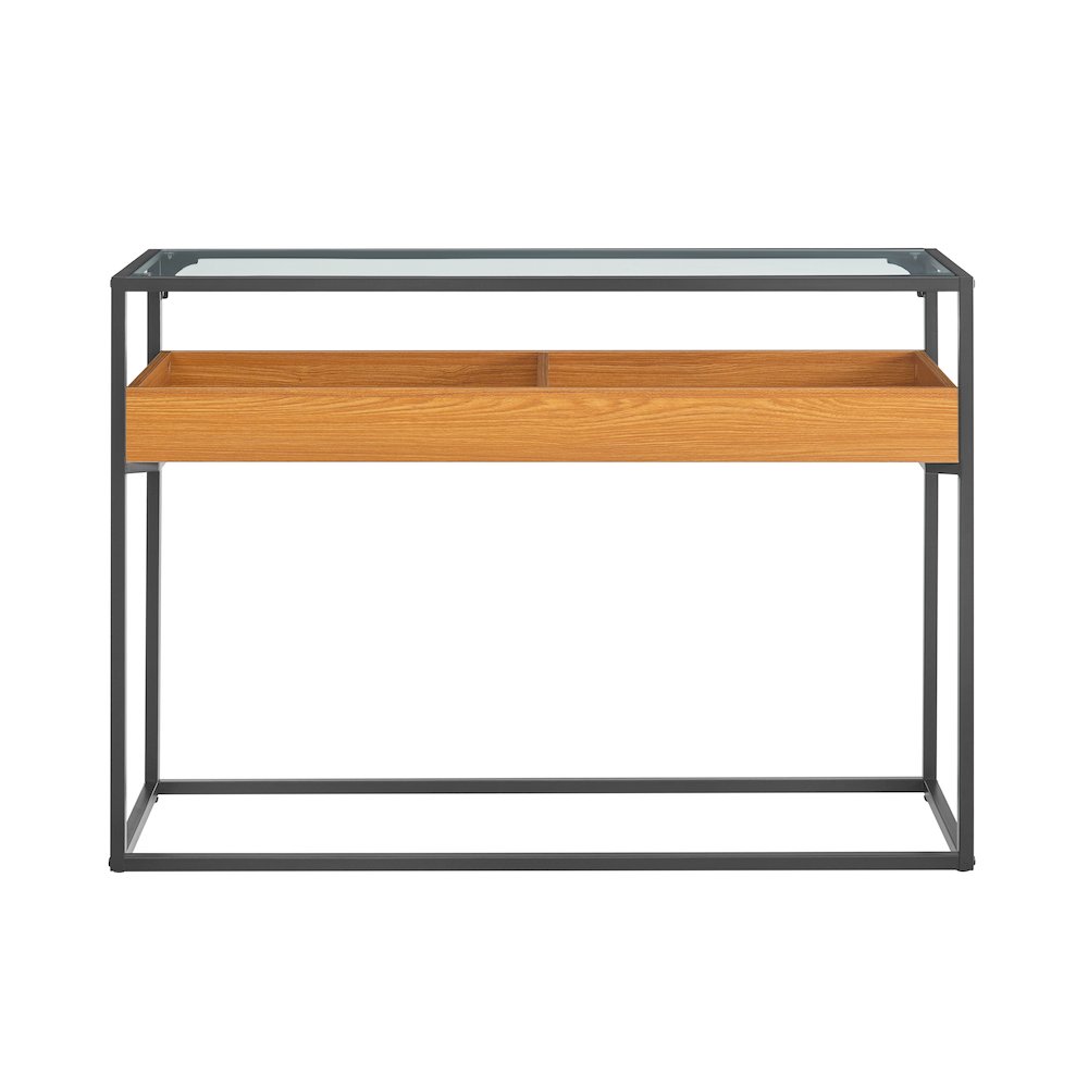 Saarinen 2-Level Sunken Glass Display Shelf Rectangle Console Table - Golden Oak. Picture 1