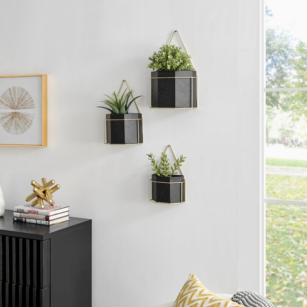 Modern Geometric Black and Gold Metal Wall Planters - Set of 3. Picture 3