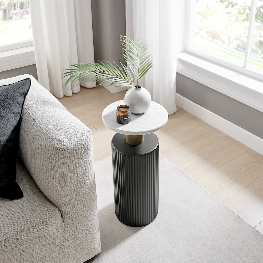 Fritz Column Side Accent Table Black Base Gold Metal Column Faux Marble Laminate. Picture 4