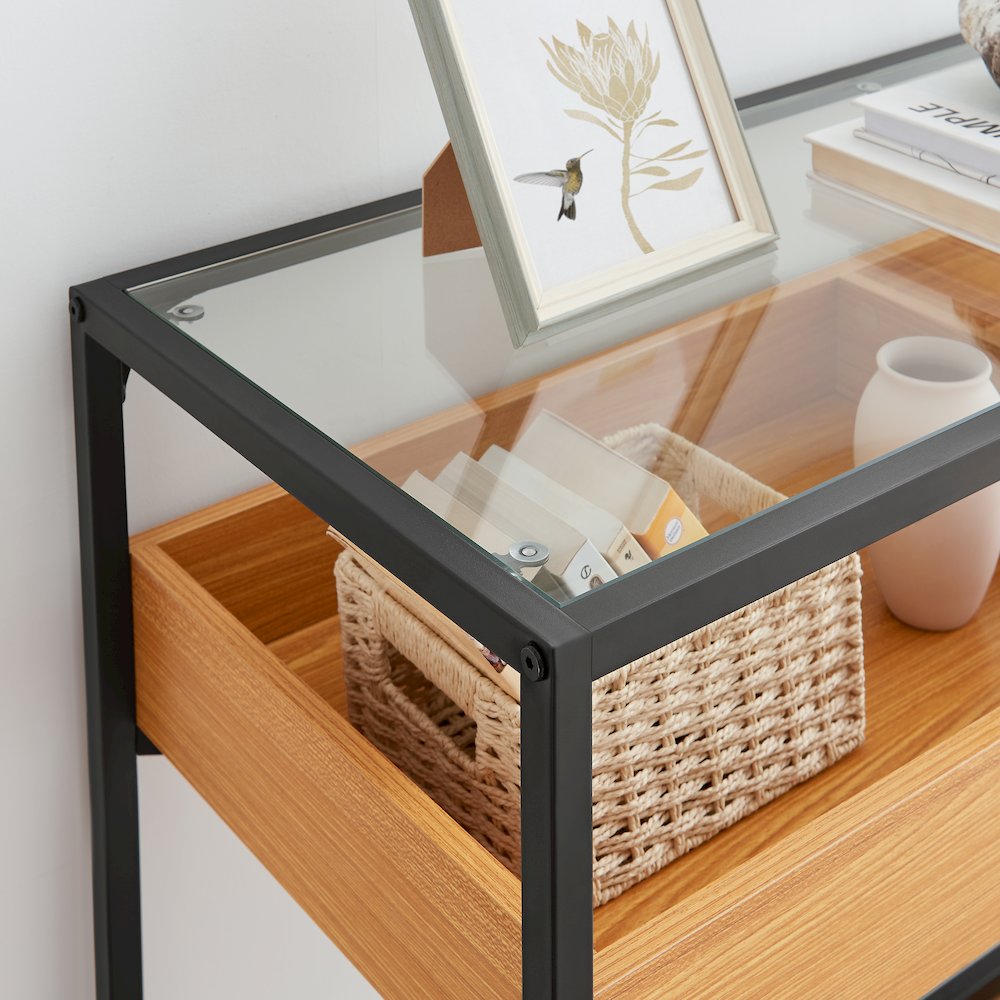 Saarinen 2-Level Sunken Glass Display Shelf Rectangle Console Table - Golden Oak. Picture 8