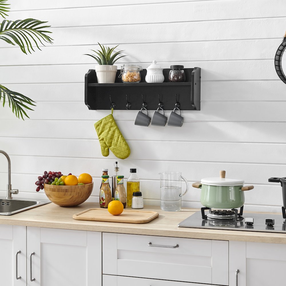Entryway Floating Utility Wall Shelf with Hooks – Wall Mounted - Black. Picture 5
