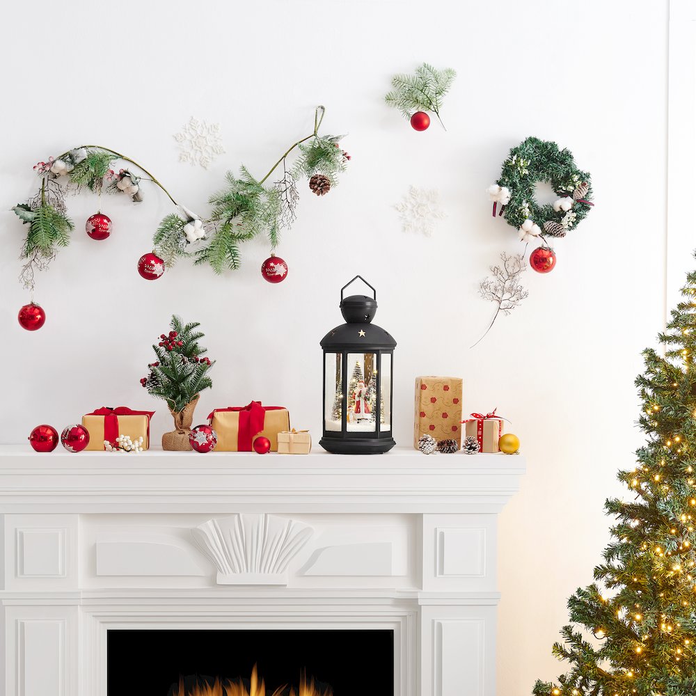 Christmas Scene Falling Snow Musical Snow Globe Lantern - Black. Picture 6