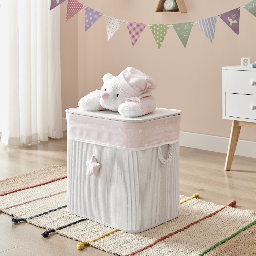 Pink/Cream Collapsible Folding Bamboo Kid Plush Laundry Hamper Sleepy Teddy Bear. Picture 6