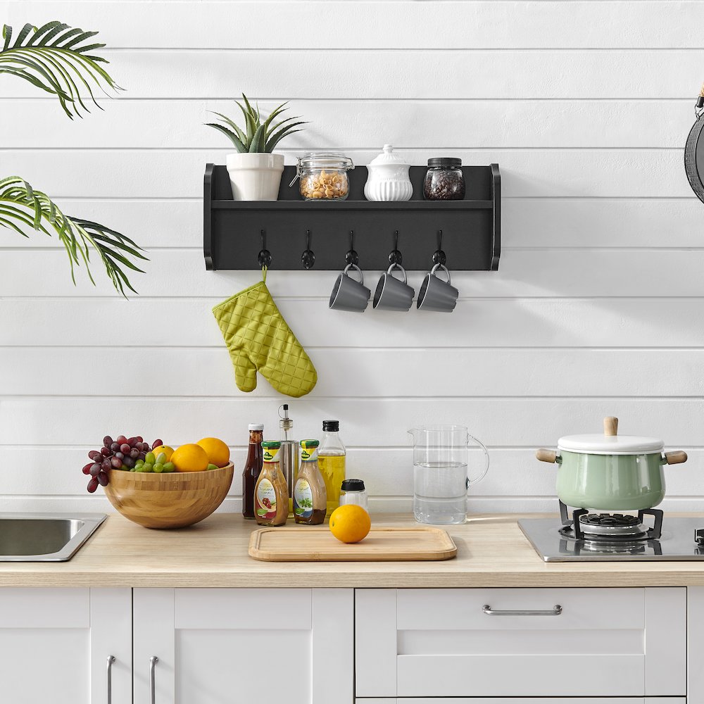 Entryway Floating Utility Wall Shelf with Hooks – Wall Mounted - Black. Picture 3