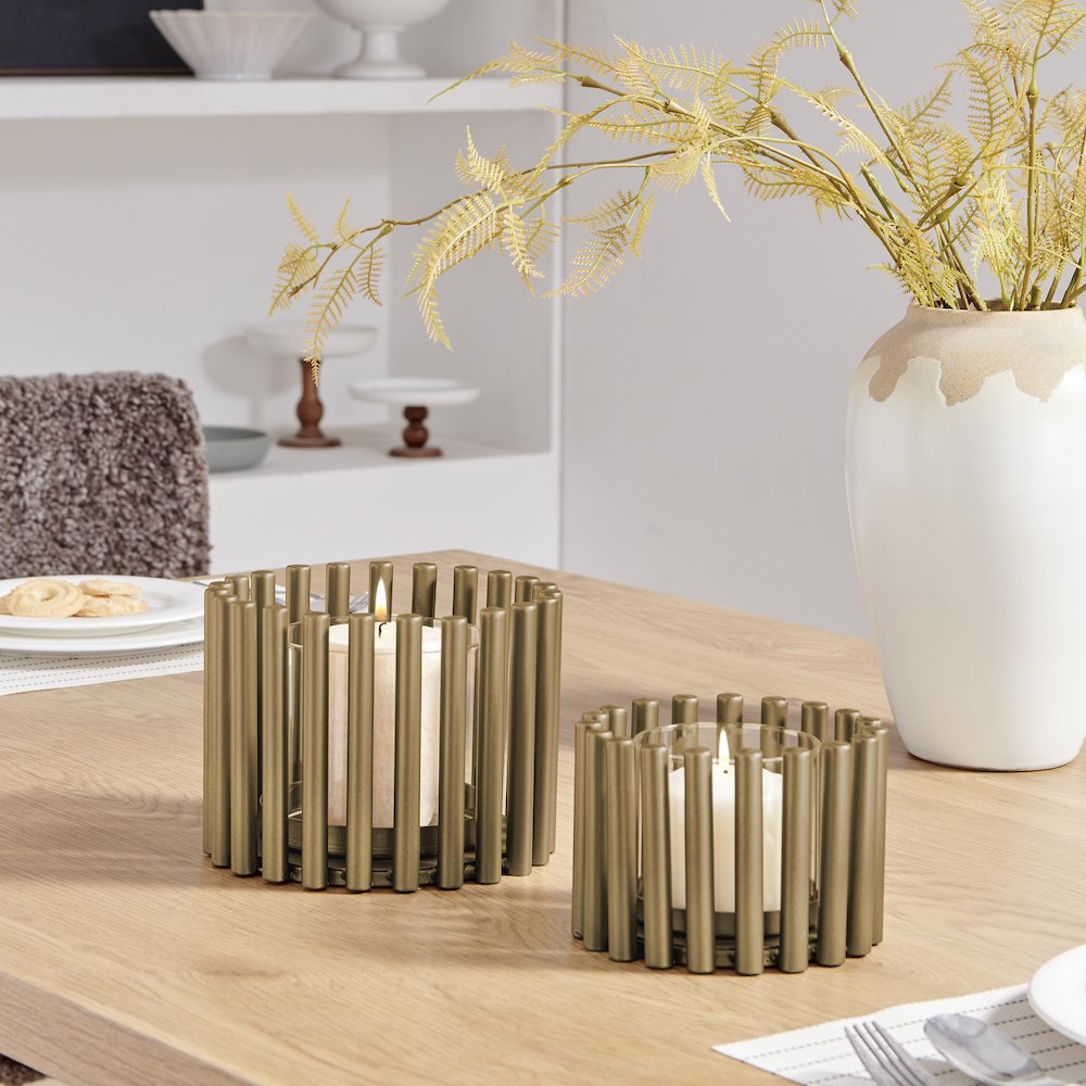 Pela Pillar Ring Warm Gold Midcentury Votive Hurricane Candle Holders - Set of 2. Picture 4