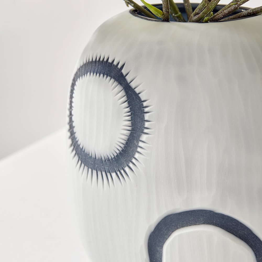 Elara Matte White and Navy Oval Opening Tabletop Glass Vase - Round Small. Picture 6