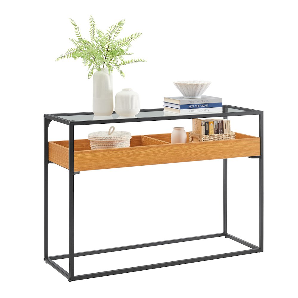Saarinen 2-Level Sunken Glass Display Shelf Rectangle Console Table - Golden Oak. Picture 12