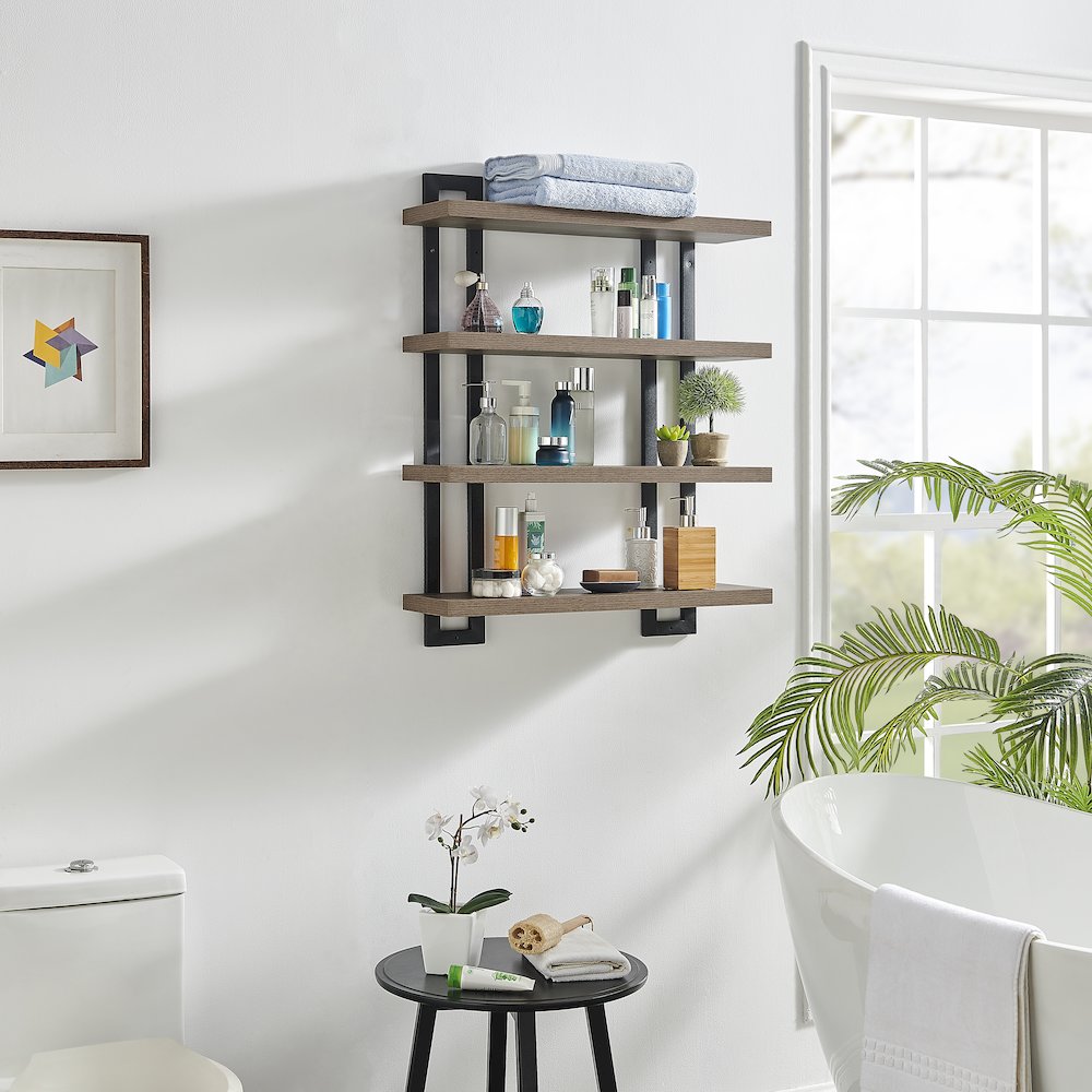 4-Tier Floating Bracket Wall Shelf - Black Metal and Walnut Finish. Picture 8