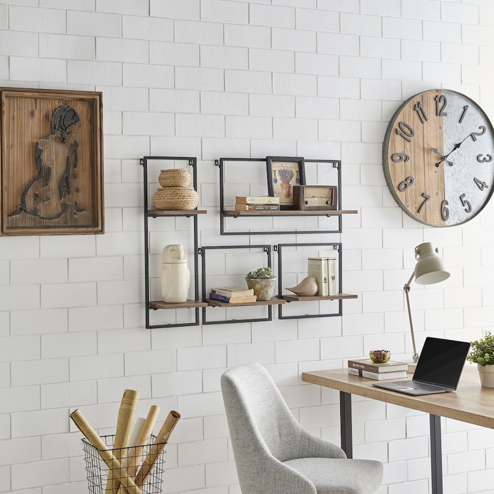 Framed Wall Art 4-Piece Modern Shelf Set - Black Metal and Rustic MDF Shelves. Picture 2