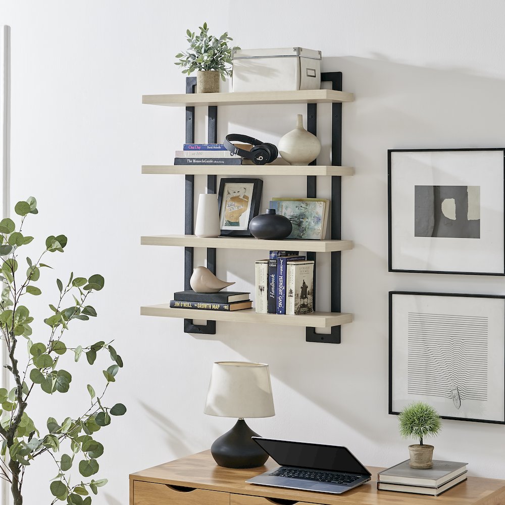 4-Tier Floating Bracket Wall Shelf - Black Metal and White Birch Finish. Picture 6