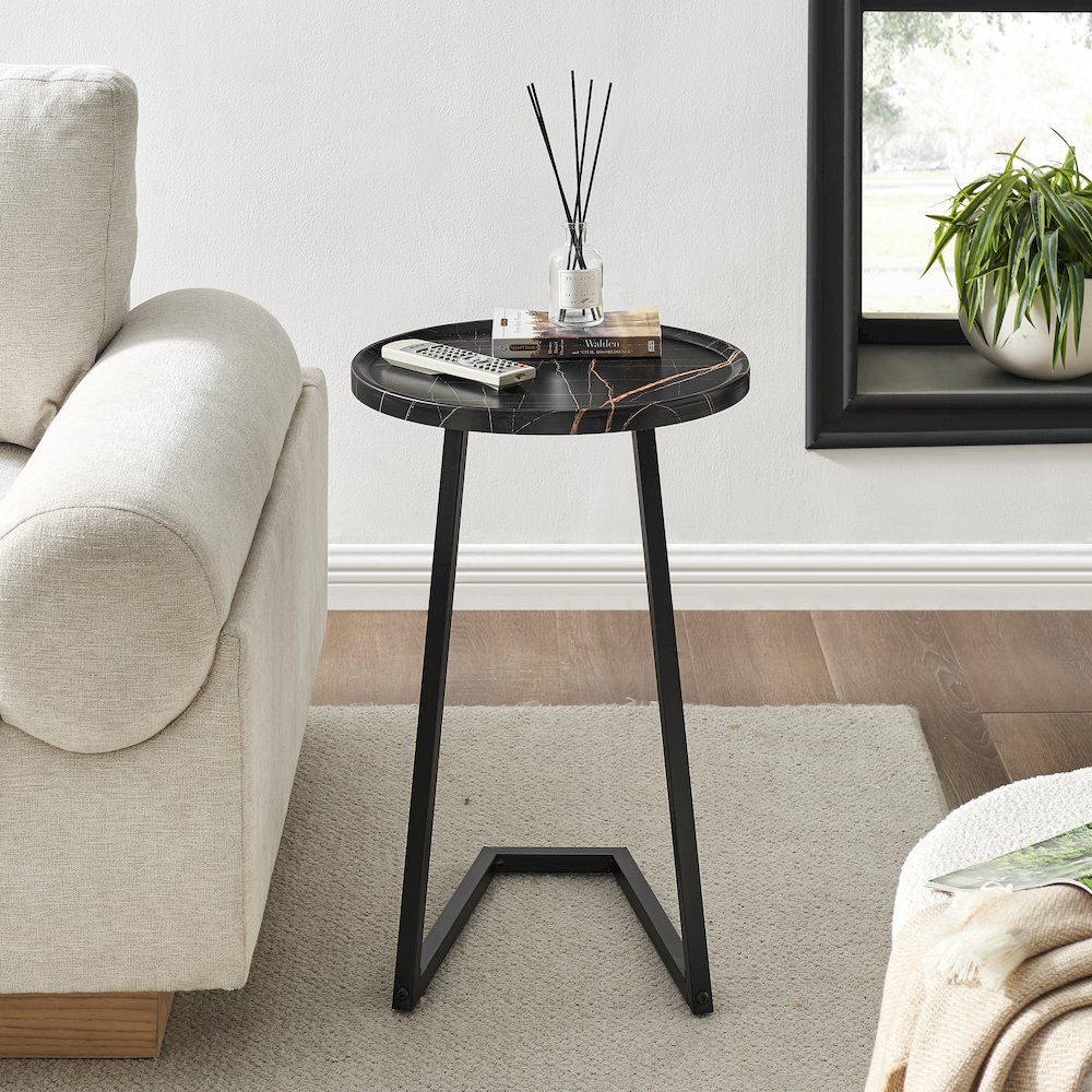 Addison Round Raised Lip Angled Couch-Side Accent C-Table - Black Marble/Black. Picture 4