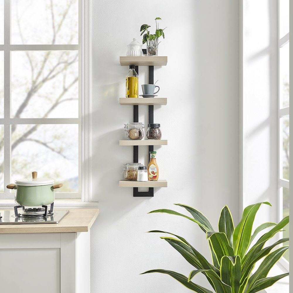 4-Tier Ladder Bracket Floating Wall Shelves - Black Metal and White Birch Finish. Picture 5