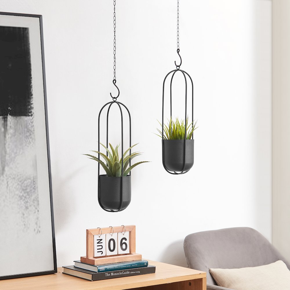 Walter 2-Piece Black Metal Oval Hanging Planter Set with Chain Hanging Option. Picture 5