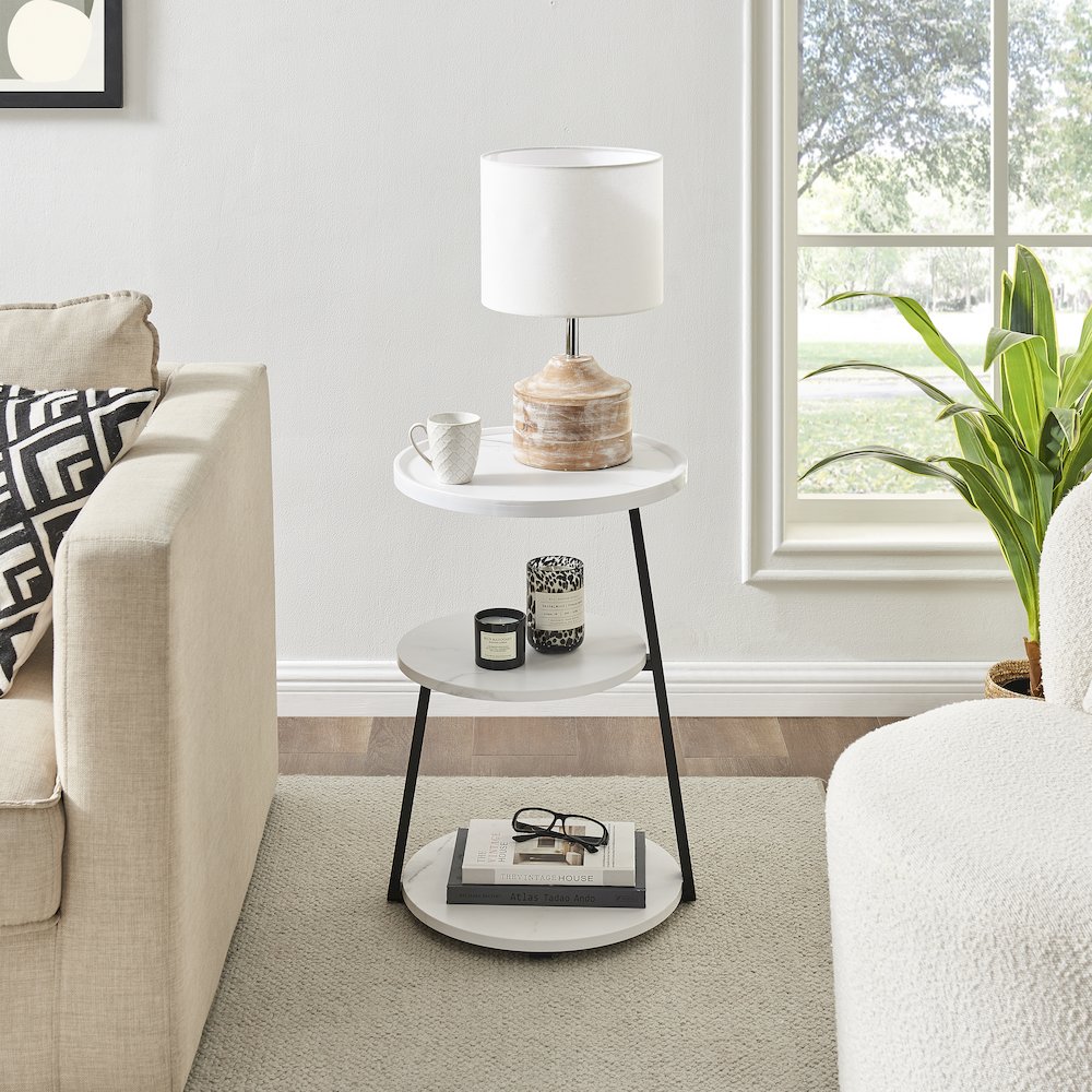 Skylar Round 3-Tier Side Accent Table with Raised Lip Edge - White Marble/Black. Picture 4