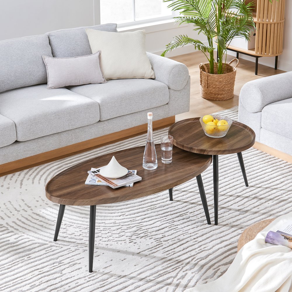 Paxton Nesting Raised Lip 2 Piece Coffee Table Set - Round and Oval - Walnut. Picture 5