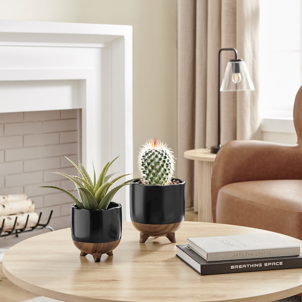 Milo Mortar 2 Tone Flower Pot Planter Cachepot Set of 2 Sizes - Black and Walnut. Picture 2