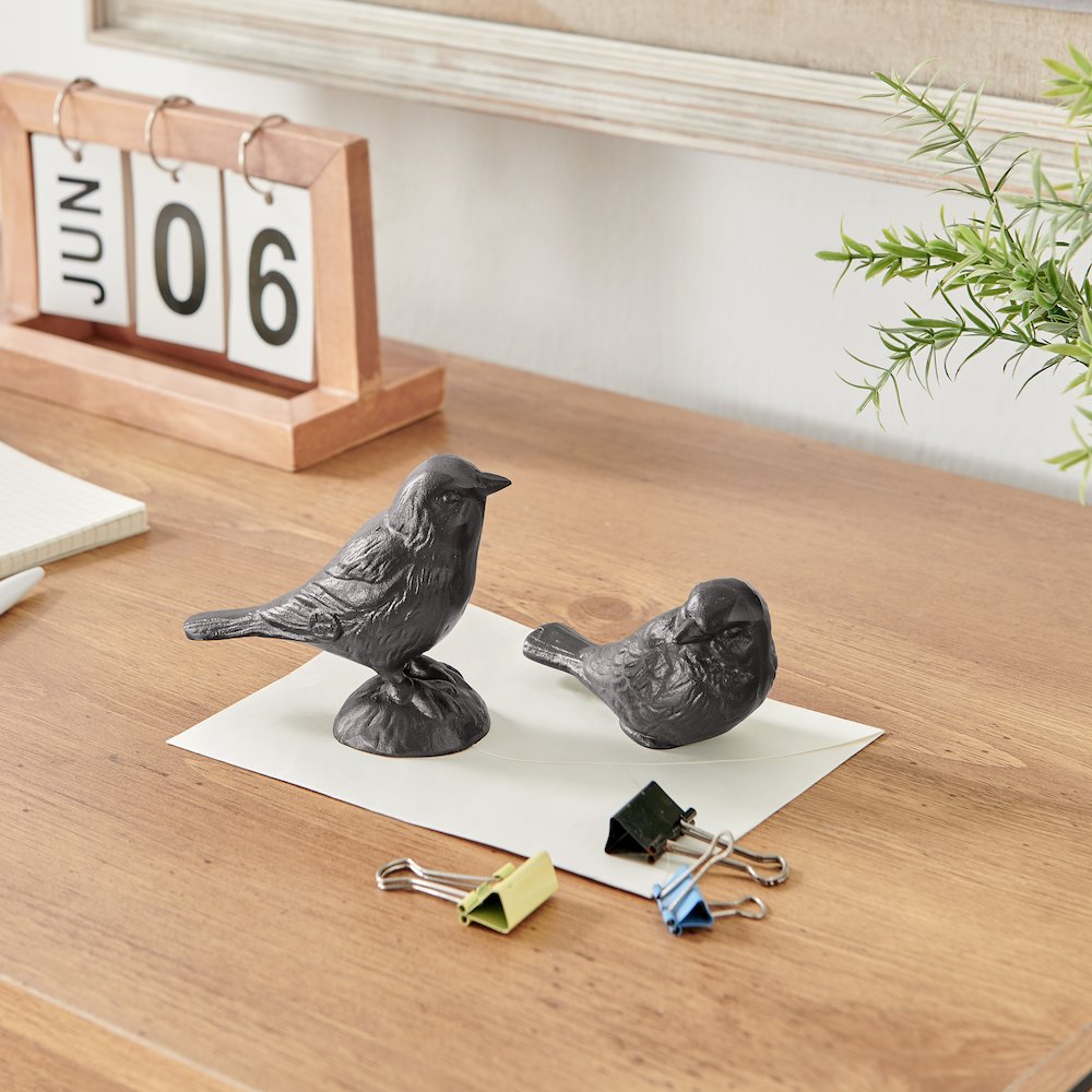 Brown Cast Iron Set of 2 Bird Sculptures - Tabletop Decorative Paperweights. Picture 3