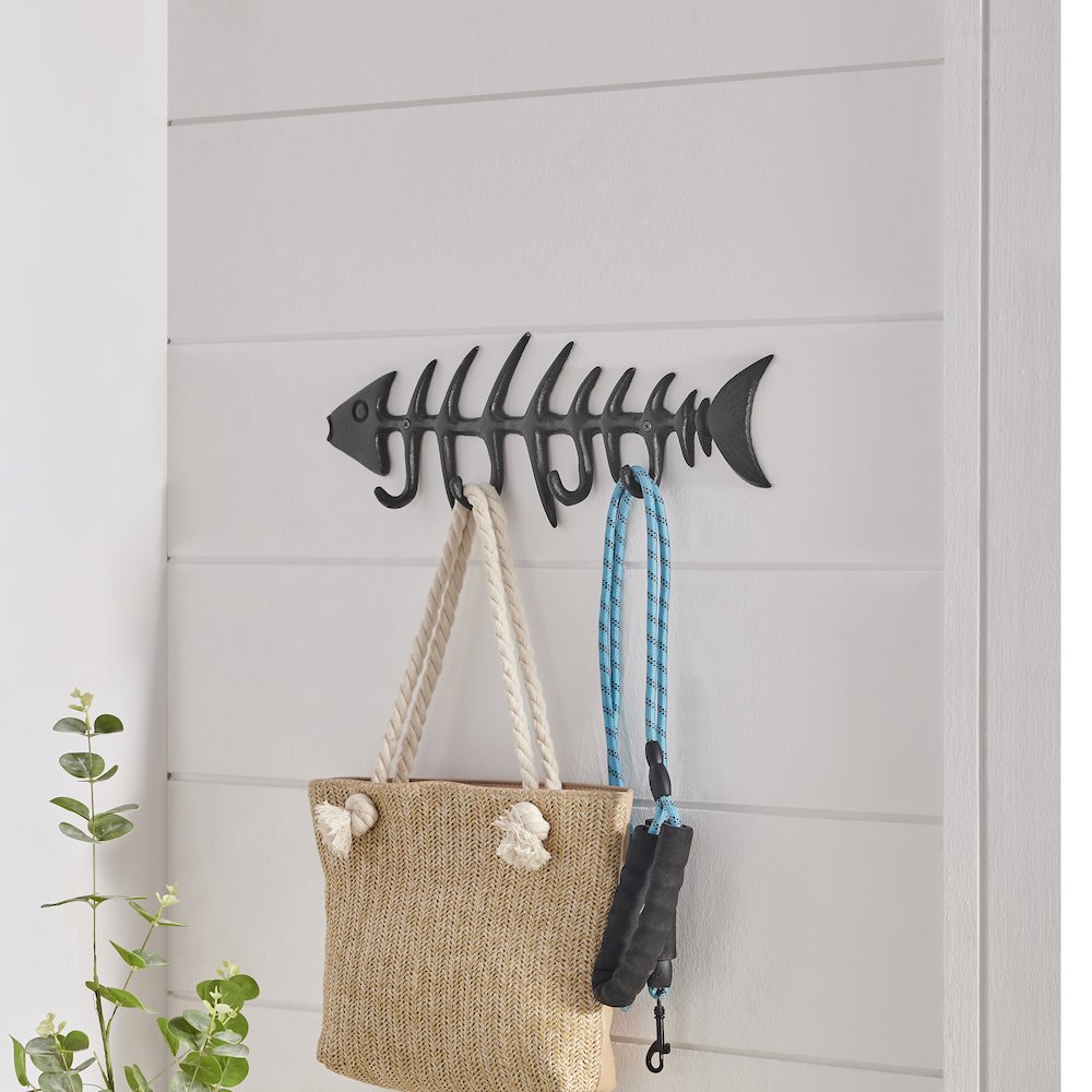 Dark Brown Cast Iron Fishbone Wall Sculpture Utility Hook Unit with 4 Hooks. Picture 3