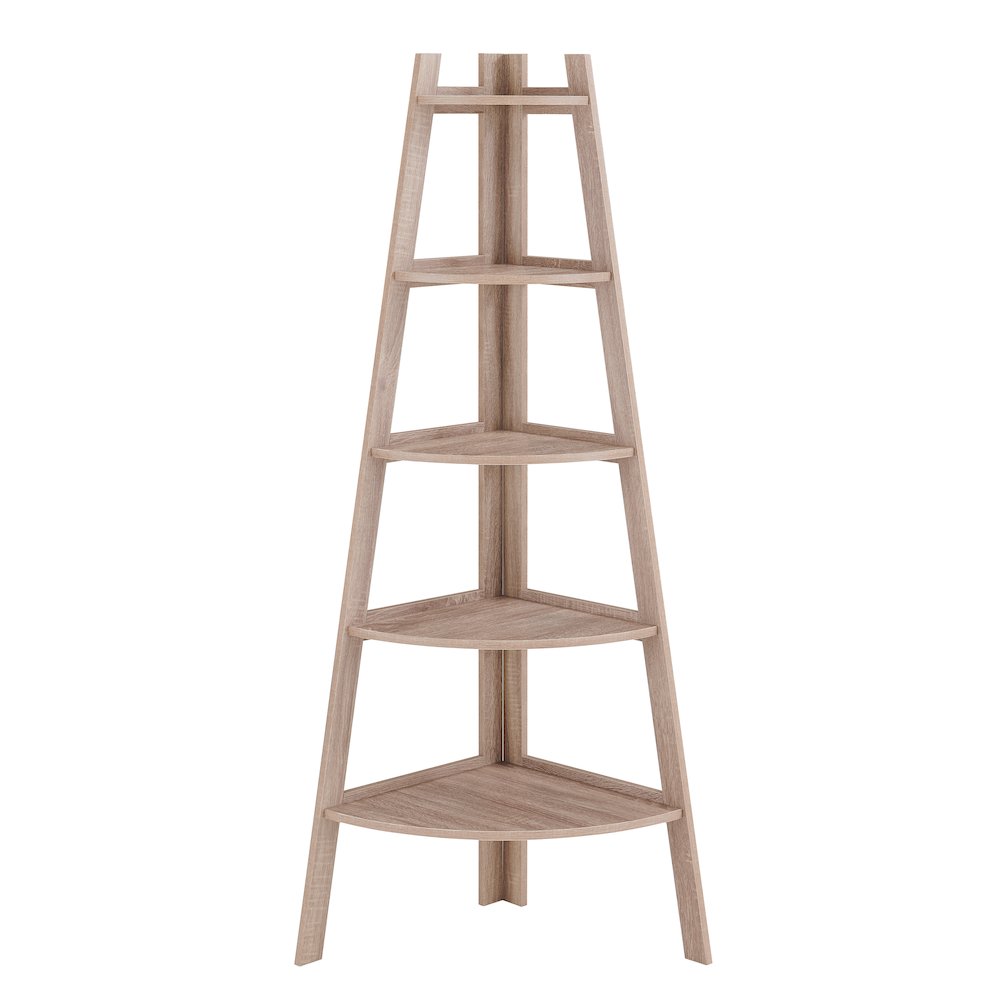 Decorative Free-Standing 5-Tier Pyramid Corner Shelves - Weathered Oak. Picture 1