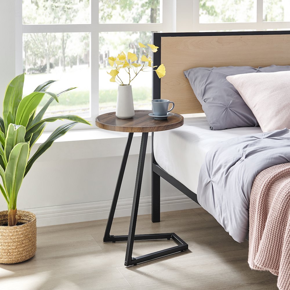 Addison Round Raised Lip Edge Angled Couch-Side Accent C-Table - Walnut/Black. Picture 4