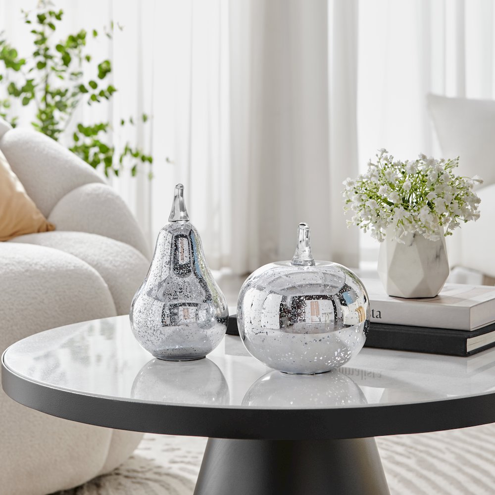 Alloya 2 Piece Apple and Pear Decorative Tabletop Glass Sculpture Set- Silver. Picture 2