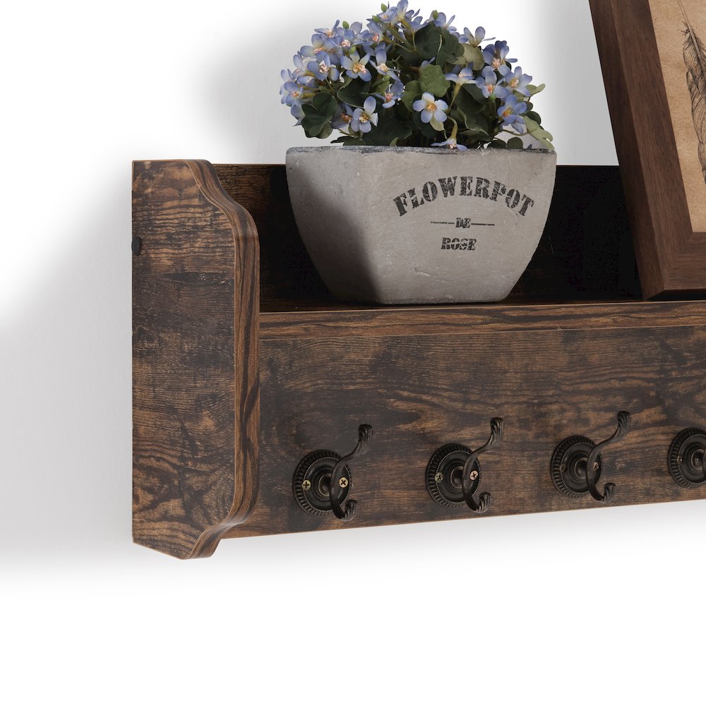 Utility Wall Shelf with Hooks - Aged Wood. Picture 4