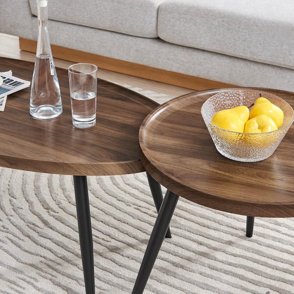 Paxton Nesting Raised Lip 2 Piece Coffee Table Set - Round and Oval - Walnut. Picture 8