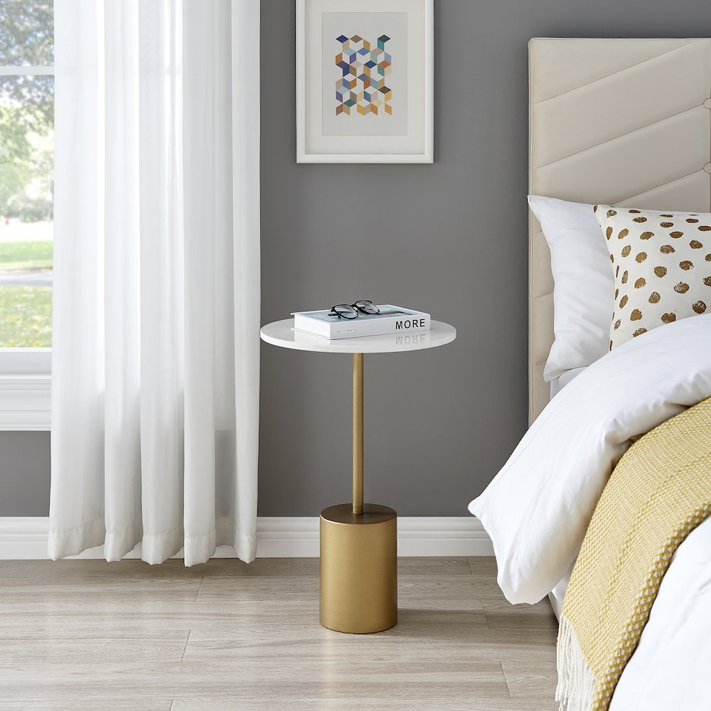 Fritz Pedestal Side Accent Table with Gold Metal Base Genuine White Marble Stone. Picture 3
