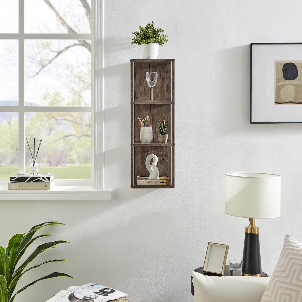 Recife Vertical Three-Tier Modern Shadow Box Cube Display Wall Shelf - Hickory. Picture 3