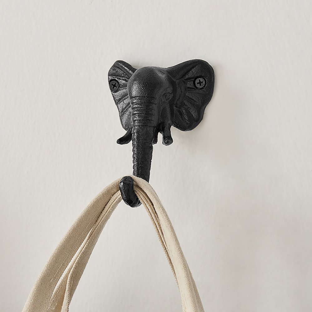 4 PC Black Cast Iron Elephant Head Decorative Wall Sculpture Utility Hook Set. Picture 2