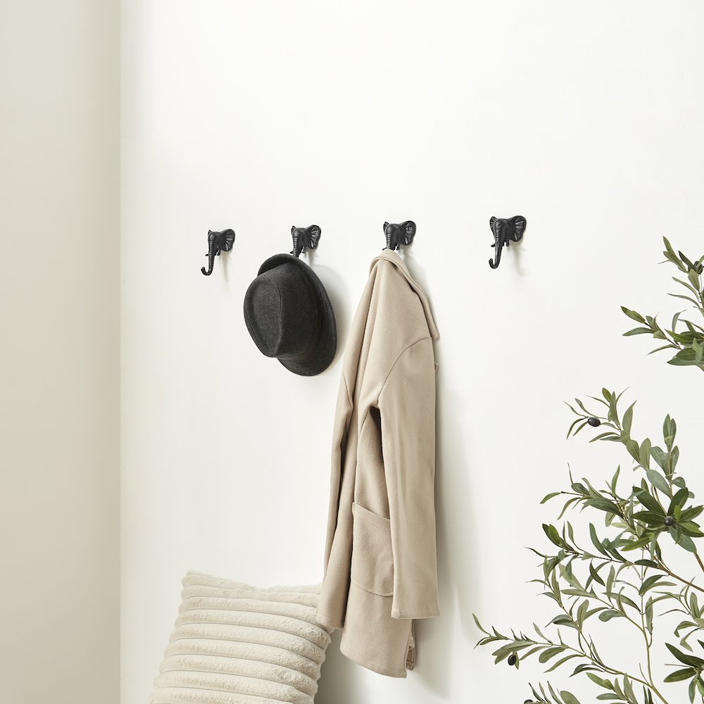 4 PC Black Cast Iron Elephant Head Decorative Wall Sculpture Utility Hook Set. Picture 4