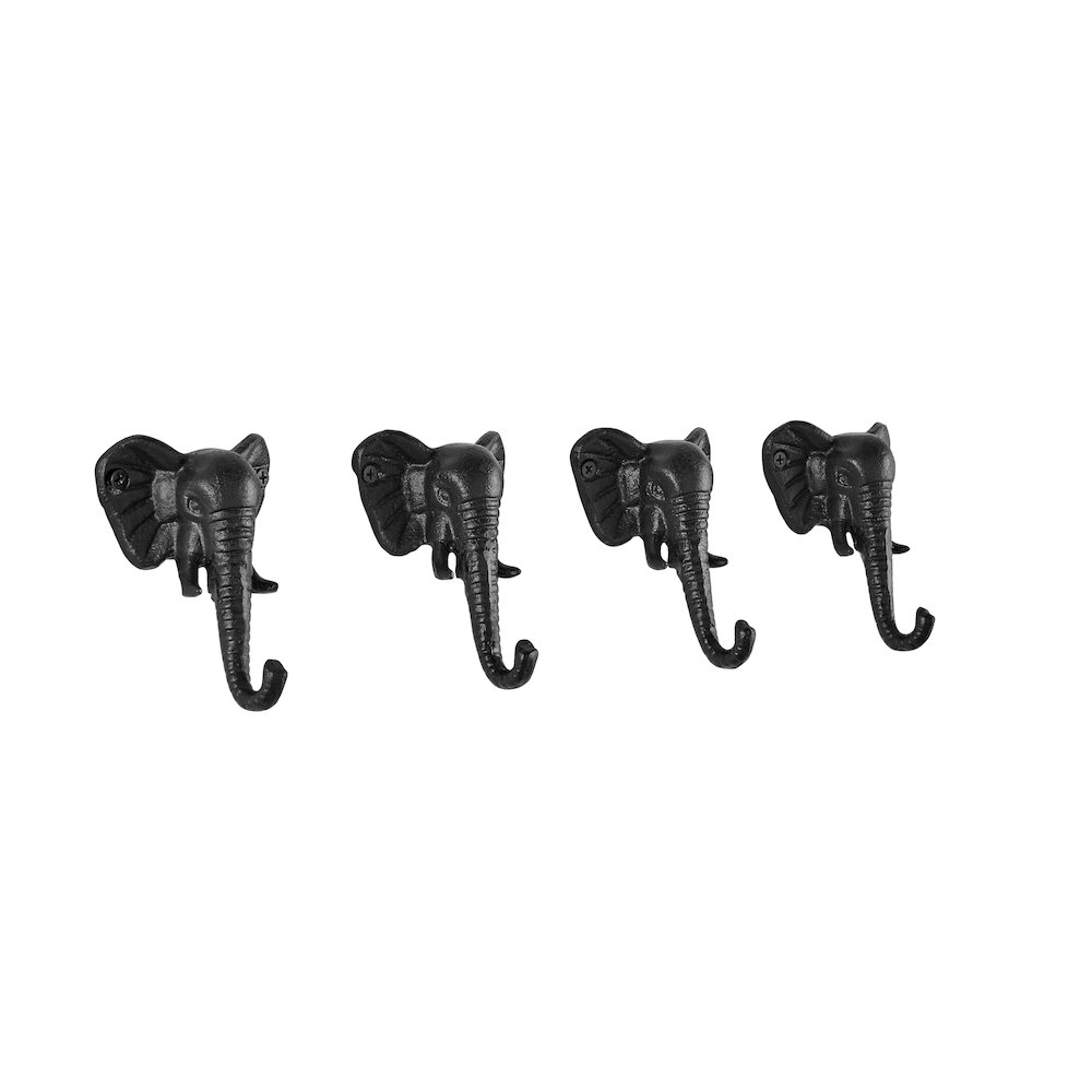 4 PC Black Cast Iron Elephant Head Decorative Wall Sculpture Utility Hook Set. Picture 6
