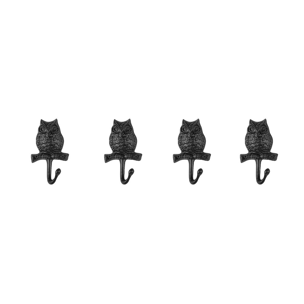 4 Pc Black Iron Owl on Branch Decorative Wall Sculpture Figure Utility Hook Set. Picture 1