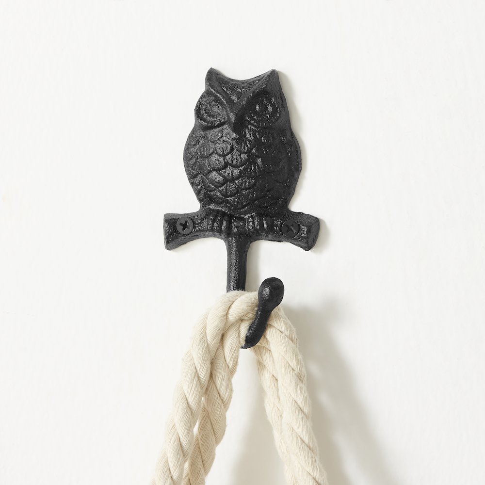 4 Pc Black Iron Owl on Branch Decorative Wall Sculpture Figure Utility Hook Set. Picture 2