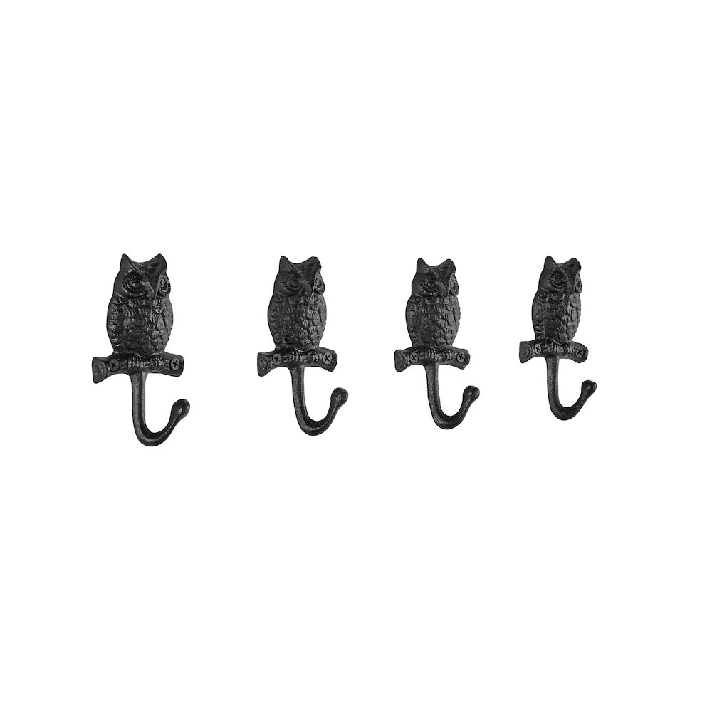 4 Pc Black Iron Owl on Branch Decorative Wall Sculpture Figure Utility Hook Set. Picture 6