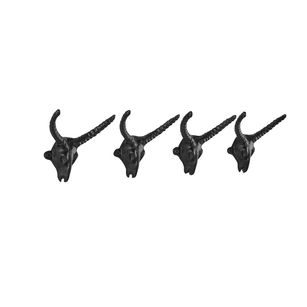 4 PC Black Iron Goat Head with Horns Decorative Wall Sculpture Figure Hook Set. Picture 6