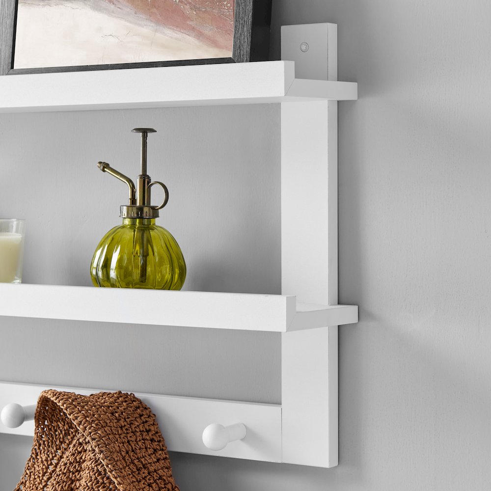 Two-Tier Ledge Shelf Wall Organizer with Five Hanging Hooks - White. Picture 5
