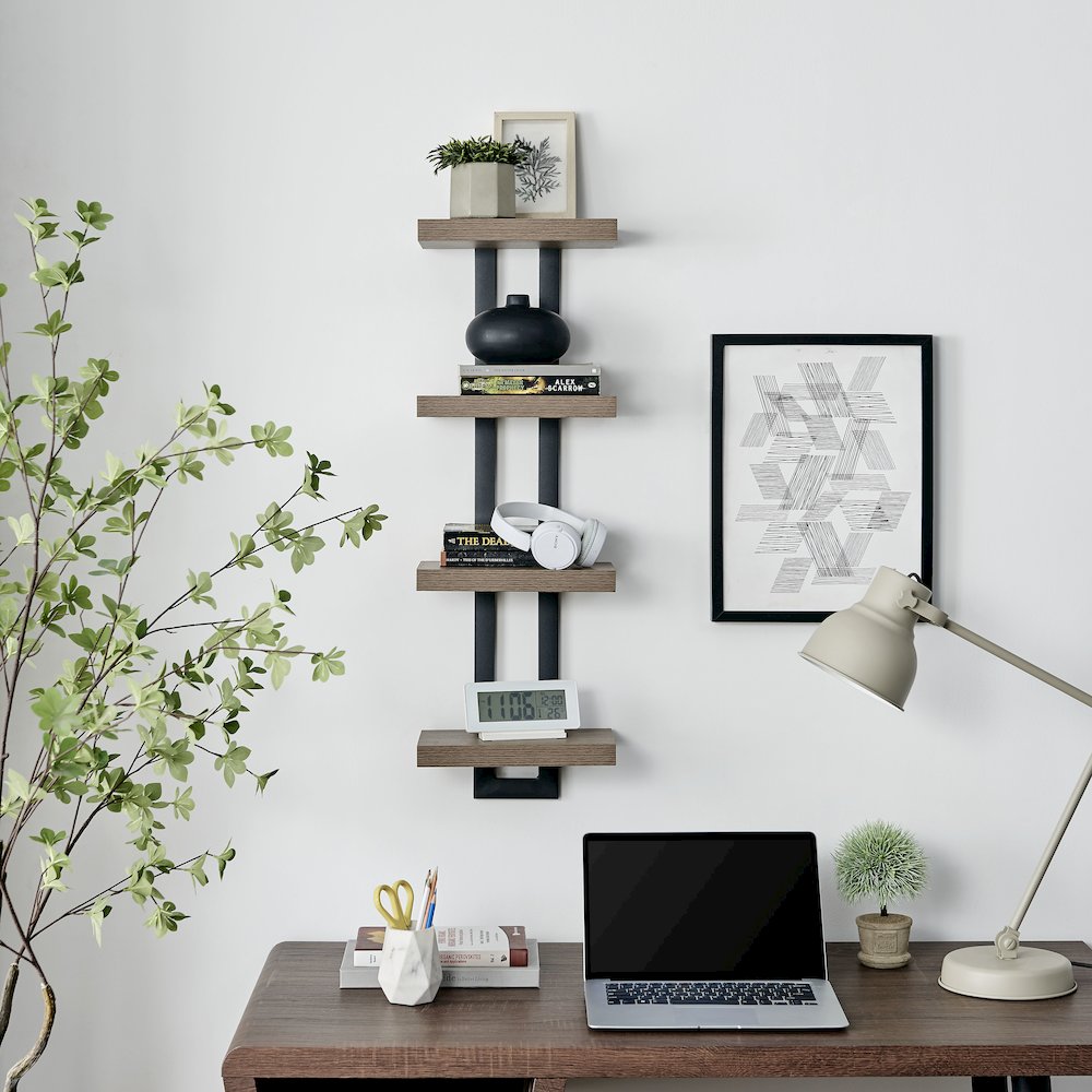 4-Tier Ladder Bracket Floating Wall Shelves - Black Metal and Walnut Finish. Picture 3