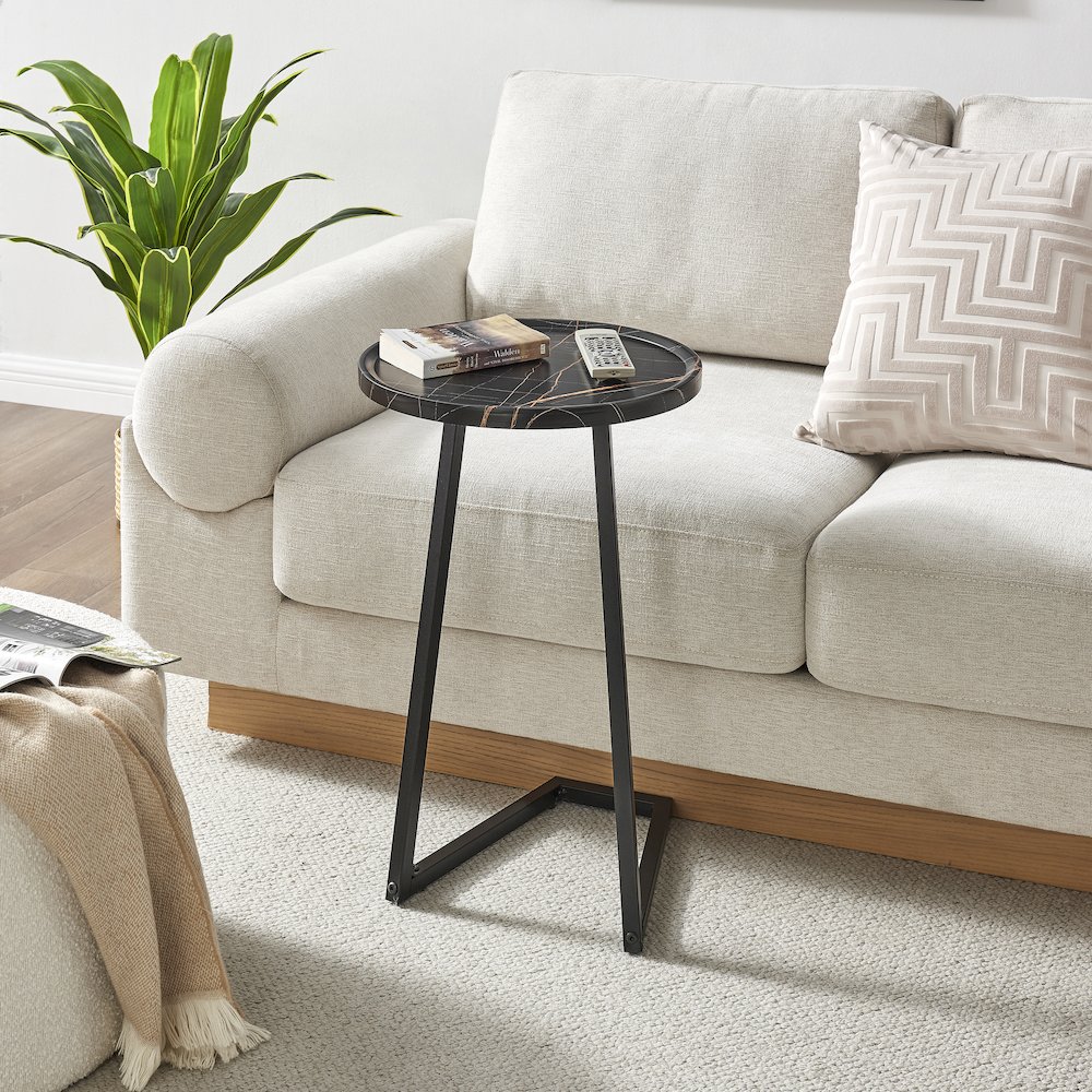 Addison Round Raised Lip Angled Couch-Side Accent C-Table - Black Marble/Black. Picture 6