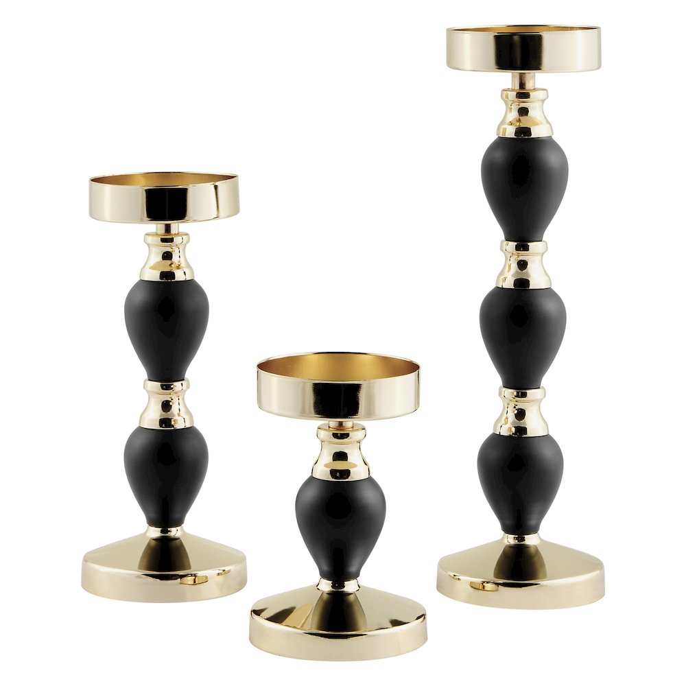 Talia Black and Gold Candlestick Taper Candle Holders - Set of 3. Picture 1