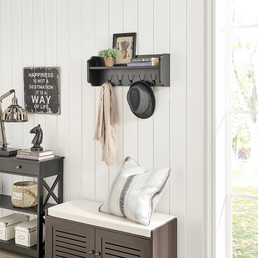 Entryway Floating Utility Wall Shelf with Hooks – Wall Mounted - Black. Picture 6